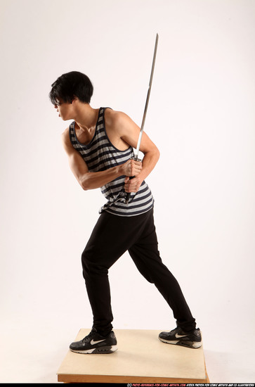 Man Young Athletic Fighting with sword Standing poses Casual Asian