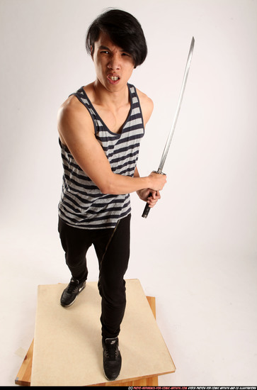 Man Young Athletic Fighting with sword Standing poses Casual Asian