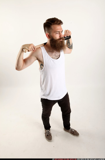 Man Adult Athletic White Standing poses Casual Fighting with bat