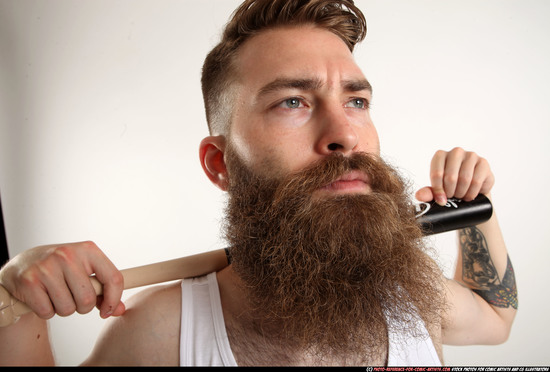 Man Adult Athletic White Standing poses Casual Fighting with bat