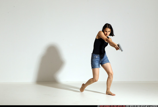 Woman Young Athletic White Fighting with gun Moving poses Casual