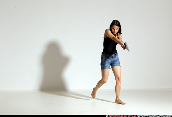 Woman Young Athletic White Fighting with gun Moving poses Casual