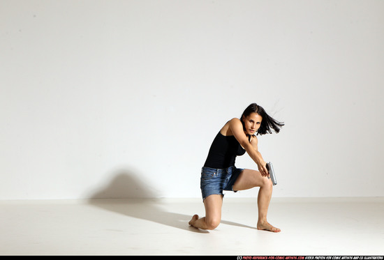 Woman Young Athletic White Fighting with gun Moving poses Casual