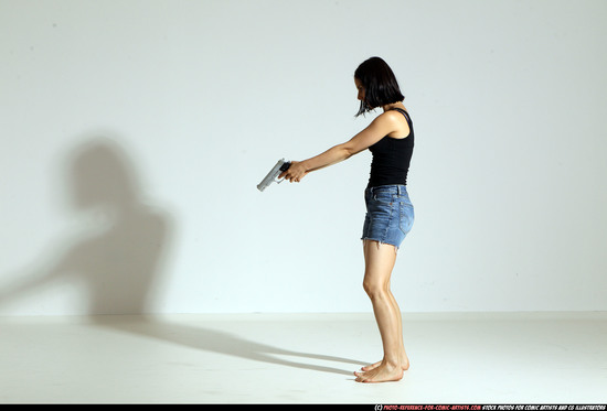 Woman Young Athletic White Fighting with gun Moving poses Casual