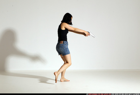 Woman Young Athletic White Fighting with gun Moving poses Casual