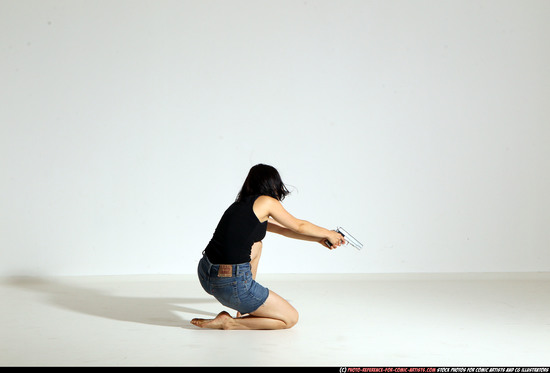 Woman Young Athletic White Fighting with gun Moving poses Casual