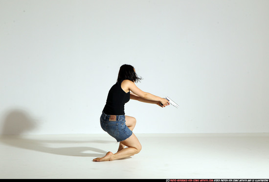 Woman Young Athletic White Fighting with gun Moving poses Casual