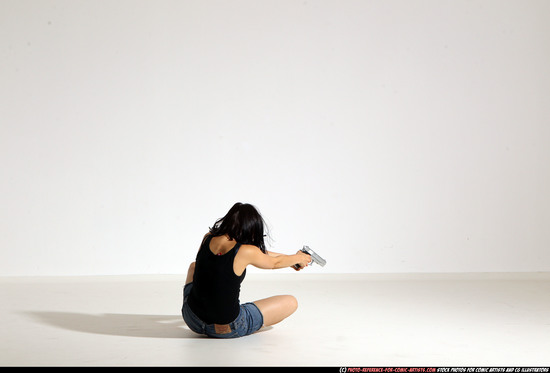 Woman Young Athletic White Fighting with gun Moving poses Casual