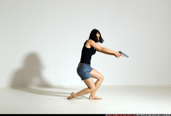 Woman Young Athletic White Fighting with gun Moving poses Casual