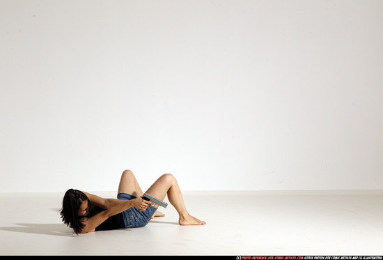 Woman Young Athletic White Fighting with gun Moving poses Casual