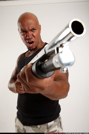 Man Adult Athletic Black Standing poses Sportswear Fighting with shotgun