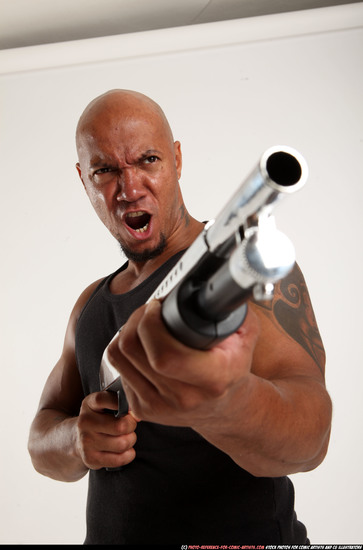 Man Adult Athletic Black Standing poses Sportswear Fighting with shotgun