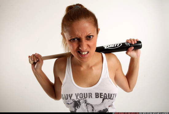 Woman Adult Athletic White Standing poses Casual Fighting with bat