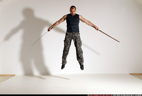 Man Adult Athletic White Fighting with sword Moving poses Sportswear