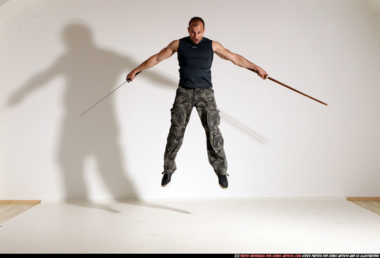 Man Adult Athletic White Fighting with sword Moving poses Sportswear