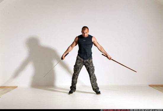 Man Adult Athletic White Fighting with sword Moving poses Sportswear