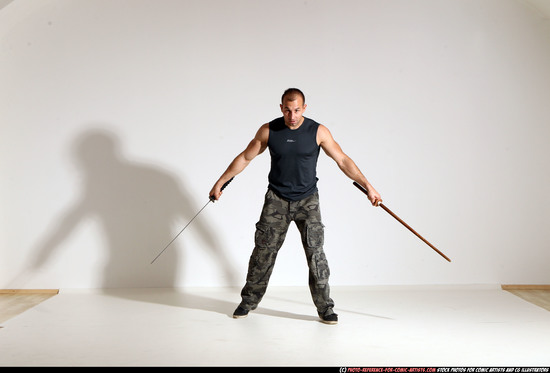 Man Adult Athletic White Fighting with sword Moving poses Sportswear