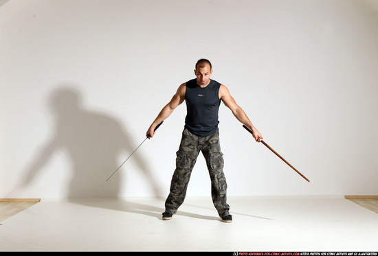 Man Adult Athletic White Fighting with sword Moving poses Sportswear