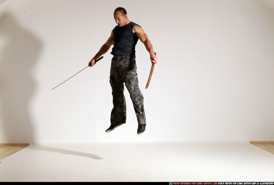 Man Adult Athletic White Fighting with sword Moving poses Sportswear