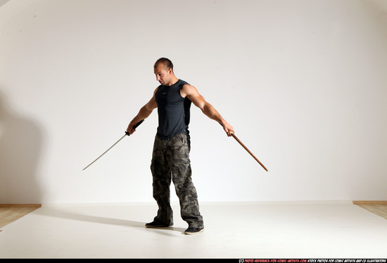 Man Adult Athletic White Fighting with sword Moving poses Sportswear