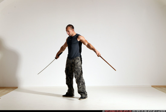 Man Adult Athletic White Fighting with sword Moving poses Sportswear