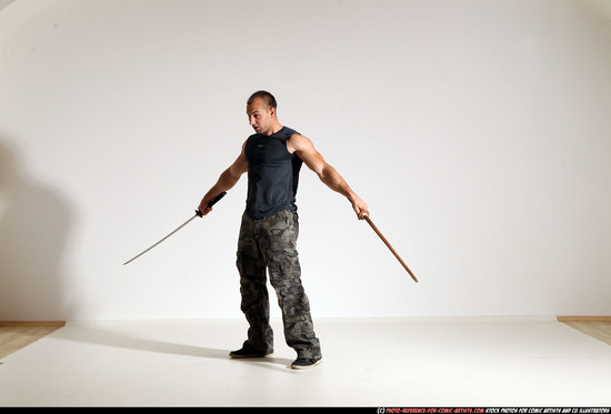 Man Adult Athletic White Fighting with sword Moving poses Sportswear