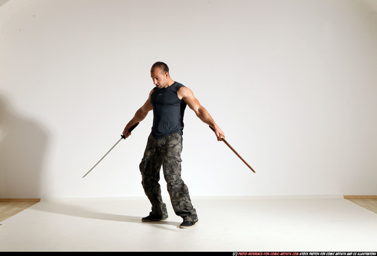 Man Adult Athletic White Fighting with sword Moving poses Sportswear