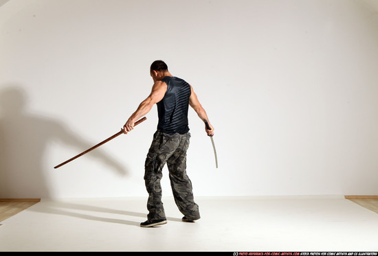 Man Adult Athletic White Fighting with sword Moving poses Sportswear