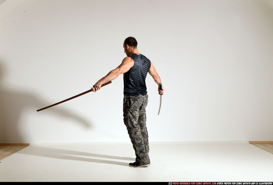 Man Adult Athletic White Fighting with sword Moving poses Sportswear