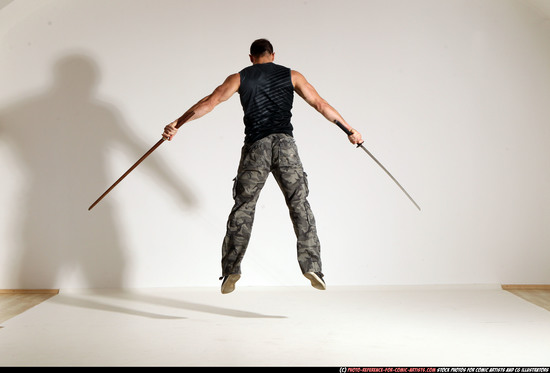 Man Adult Athletic White Fighting with sword Moving poses Sportswear