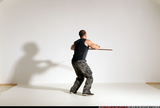 Man Adult Athletic White Fighting with sword Moving poses Sportswear