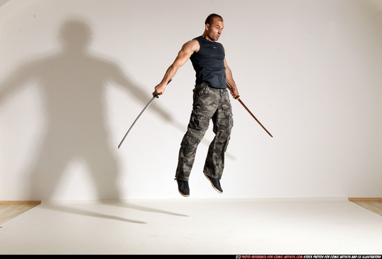 Man Adult Athletic White Fighting with sword Moving poses Sportswear