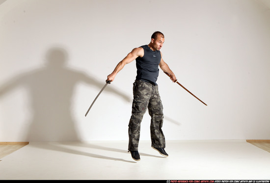 Man Adult Athletic White Fighting with sword Moving poses Sportswear