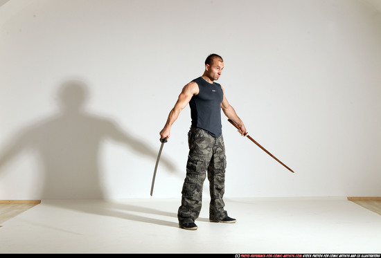 Man Adult Athletic White Fighting with sword Moving poses Sportswear