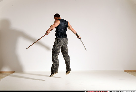 Man Adult Athletic White Fighting with sword Moving poses Sportswear