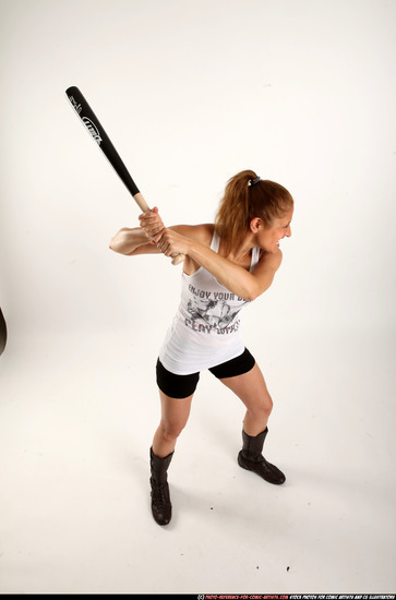 Woman Adult Athletic White Standing poses Casual Fighting with bat