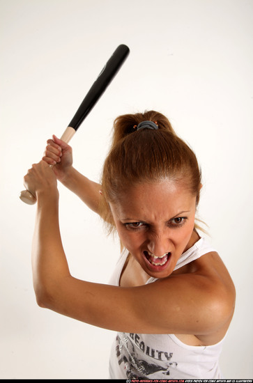 Woman Adult Athletic White Standing poses Casual Fighting with bat