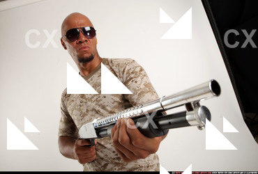Man Adult Athletic Black Standing poses Army Fighting with shotgun