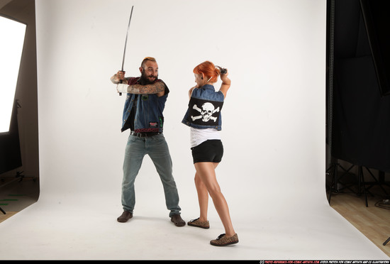 Man & Woman Adult Athletic White Fighting with sword Moving poses Casual