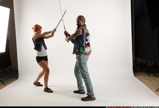 Man & Woman Adult Athletic White Fighting with sword Standing poses Casual