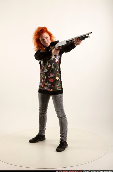 Woman Adult Athletic White Standing poses Casual Fighting with shotgun