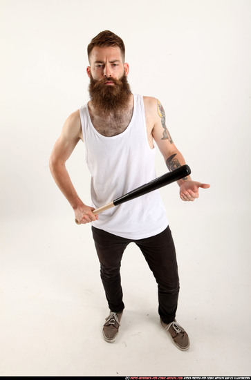 Man Adult Athletic White Standing poses Casual Fighting with bat