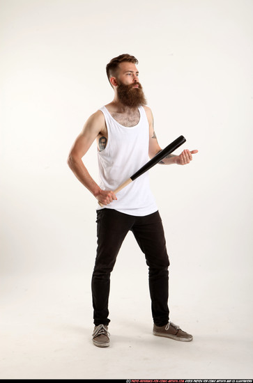 Man Adult Athletic White Standing poses Casual Fighting with bat