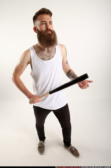 Man Adult Athletic White Standing poses Casual Fighting with bat