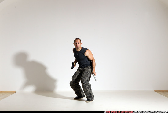 Man Adult Athletic White Fighting with gun Moving poses Army