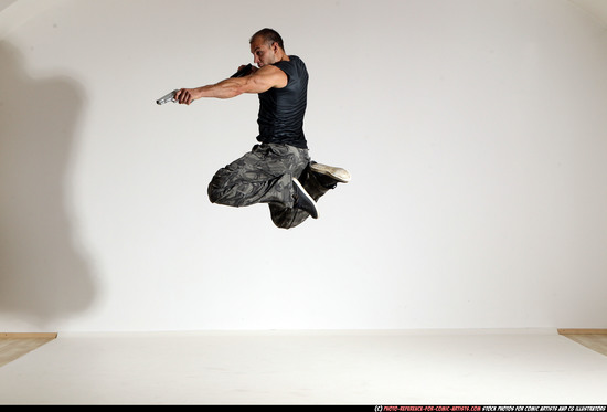 Man Adult Athletic White Fighting with gun Moving poses Army