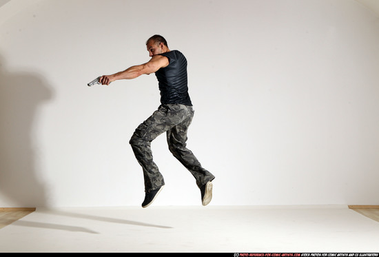 Man Adult Athletic White Fighting with gun Moving poses Army