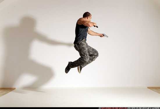 Man Adult Athletic White Fighting with gun Moving poses Army