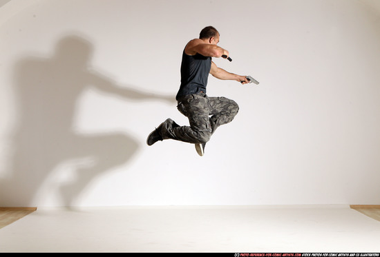 Man Adult Athletic White Fighting with gun Moving poses Army