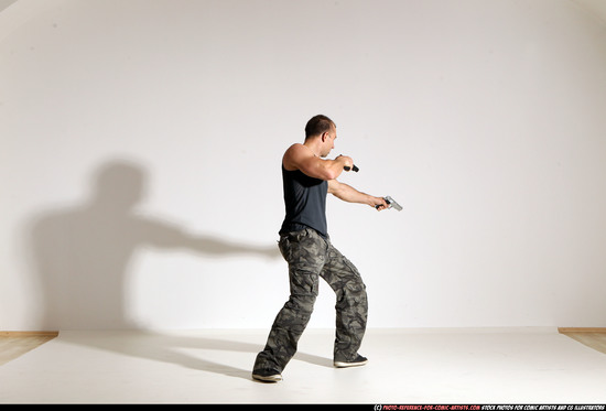 Man Adult Athletic White Fighting with gun Moving poses Army